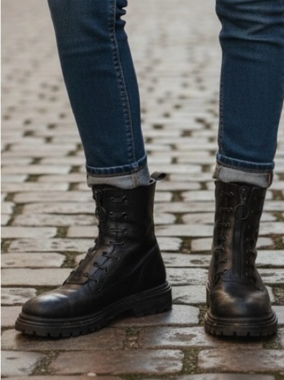 Aquazzura Firenze Black Leather Combat Boots Front Zip Lug Sole Eu 37.5
